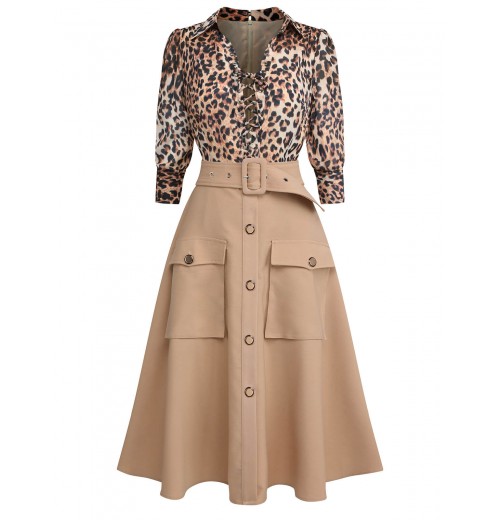 2PCS Leopard Lapel Romper & Khaki Skirt 2PCS Leopard Lapel Romper & Khaki Skirt
