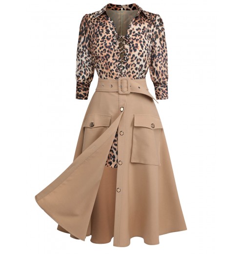 2PCS Leopard Lapel Romper & Khaki Skirt 2PCS Leopard Lapel Romper & Khaki Skirt