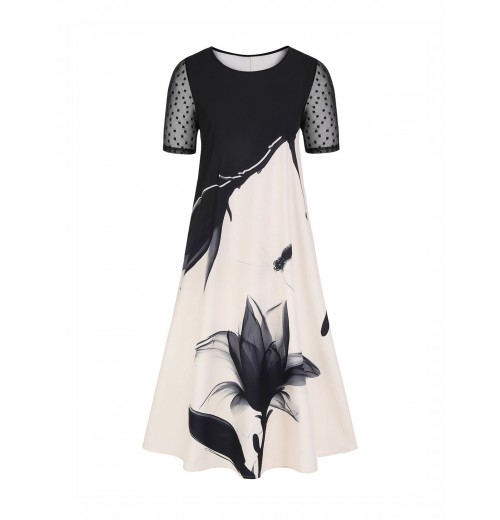 Plus Size Black & White Ink Lotus Sheer Sleeve Dress Plus Size Black & White Ink Lotus Sheer Sleeve Dress