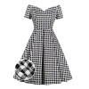 Plus Size Black&White Off-shoulder Gingham Plaid Dress Plus Size Black&White Off-shoulder Gingham Plaid Dress