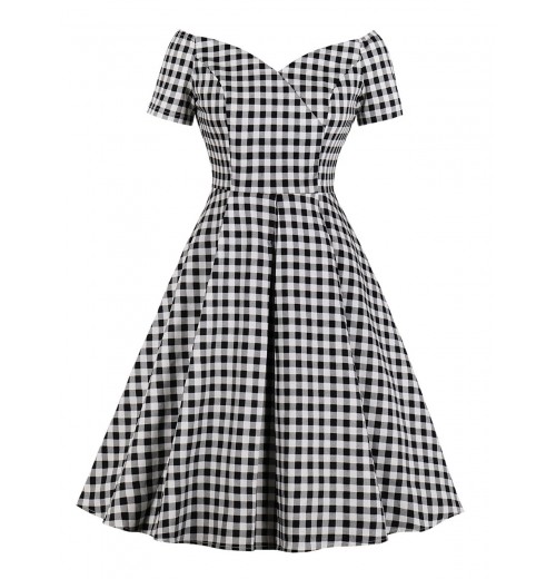 Plus Size Black&White Off-shoulder Gingham Plaid Dress Plus Size Black&White Off-shoulder Gingham Plaid Dress