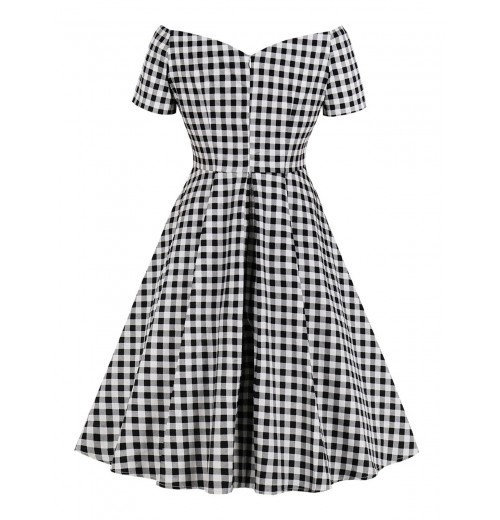 Plus Size Black&White Off-shoulder Gingham Plaid Dress Plus Size Black&White Off-shoulder Gingham Plaid Dress