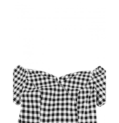Plus Size Black&White Off-shoulder Gingham Plaid Dress Plus Size Black&White Off-shoulder Gingham Plaid Dress