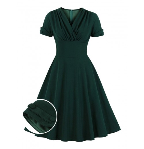 Plus Size Dark Green V-Neck Solid Swing Dress Plus Size Dark Green V-Neck Solid Swing Dress
