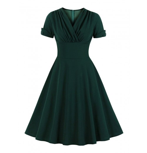 Plus Size Dark Green V-Neck Solid Swing Dress Plus Size Dark Green V-Neck Solid Swing Dress