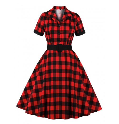 Plus Size Red & Black Plaid Lapel Dress With Belt Plus Size Red & Black Plaid Lapel Dress With Belt