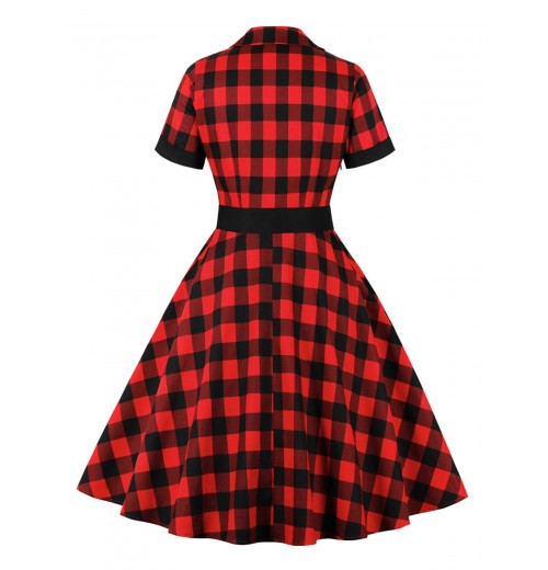 Plus Size Red & Black Plaid Lapel Dress With Belt Plus Size Red & Black Plaid Lapel Dress With Belt