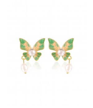 Green Butterfly Pearl Earrings