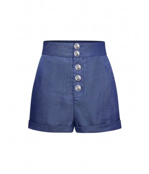 Denim Blue  Solid Buttons Shorts