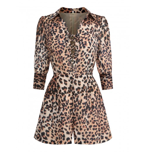 2PCS Leopard Lapel Romper & Khaki Skirt 2PCS Leopard Lapel Romper & Khaki Skirt