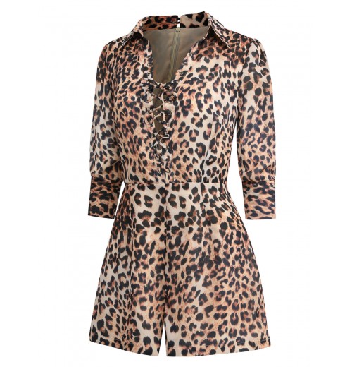 2PCS Leopard Lapel Romper & Khaki Skirt 2PCS Leopard Lapel Romper & Khaki Skirt