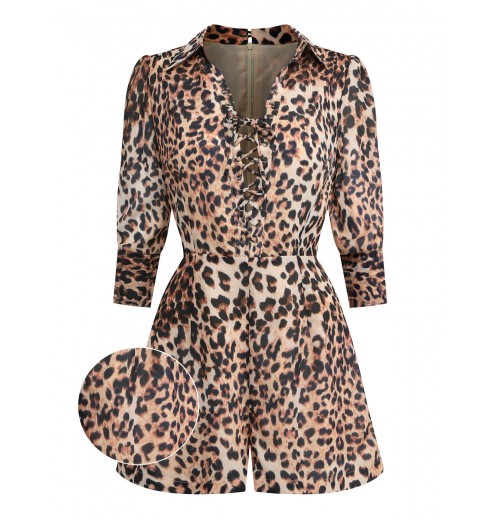 2PCS Leopard Lapel Romper & Khaki Skirt 2PCS Leopard Lapel Romper & Khaki Skirt